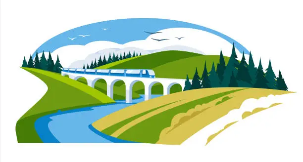 Vector illustration of viaduct among green hills. Rail transportation and travel. Summer or spring landscape of the river bank. Vacation and leave. Vector flat illustration