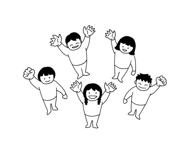 Vector illustration of Line drawing of children waving