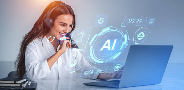istock Woman using laptop, virtual screen with AI icons and machine learning 2108963584