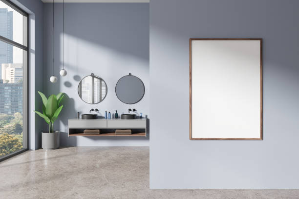 istock Stylish luxury bathroom interior with doubble sink and window. Mock up frame 2108971069