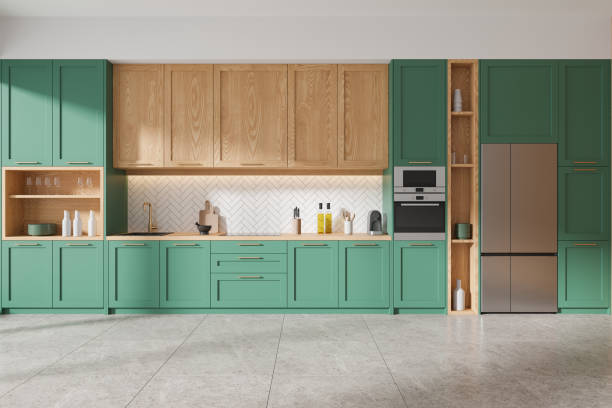 istock Green and wooden kitchen interior with cabinets 2108971836