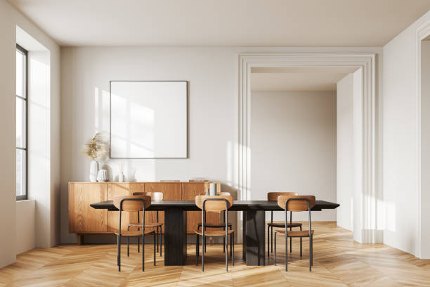 istock Modern living room interior with drawer and panoramic window, mockup frame 2108975481