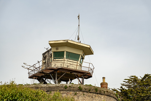 An abandoned and derelict lookout tower in the seaside town of Clacton-on-Sea