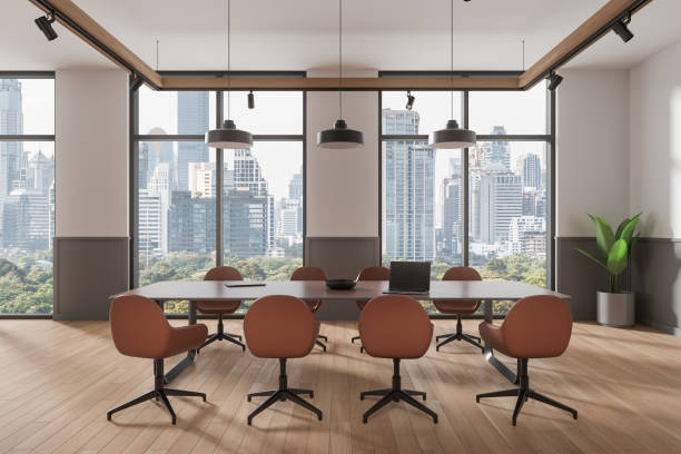 istock Modern business meeting room interior with table and chairs, panoramic window 2108977581