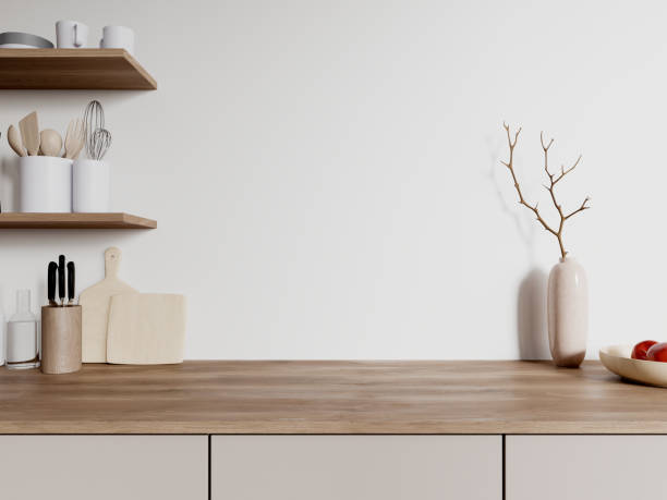 White home kitchen interior with shelves and kitchenware, cooking space