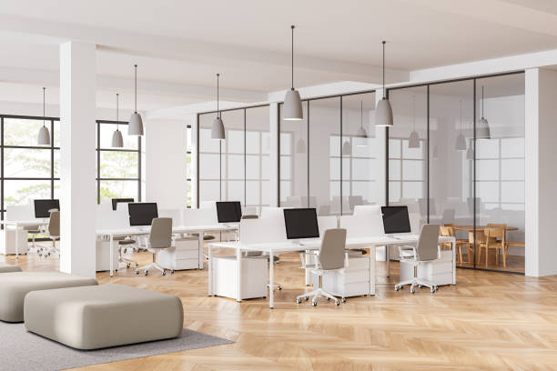 istock Stylish office interior with coworking and relaxing zone, panoramic window 2108979241