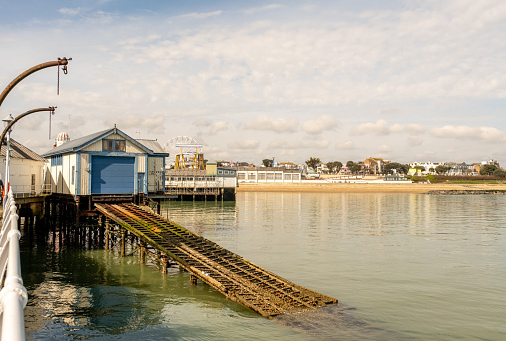 The old and disused wooden lifeboat station on Clacton Pier