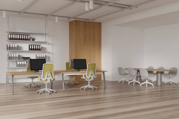 istock Modern office interior with coworking and meeting space, shelf with decoration 2108983386