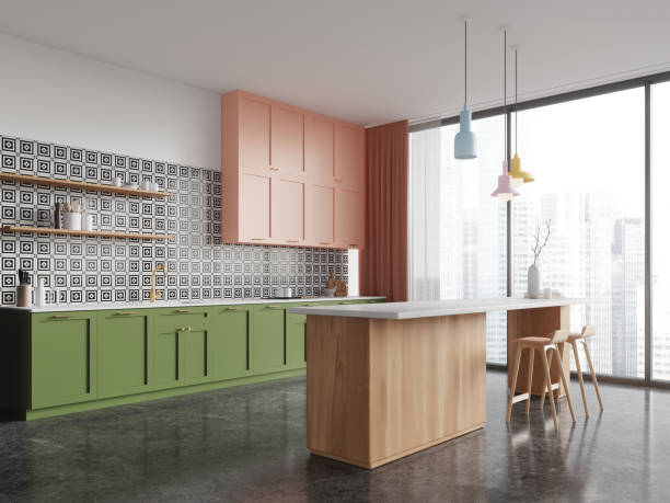 istock White and green kitchen corner with island 2108984604
