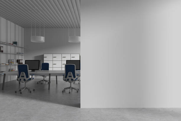istock Office business interior with coworking space and shelf. Mock up wall 2108985441