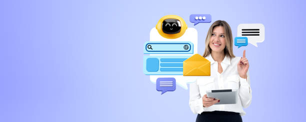 istock Woman with tablet, chat bot speech bubbles and communication 2108987495