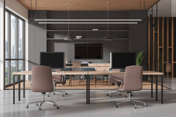 istock Modern office interior with coworking and meeting room, panoramic window 2108988518