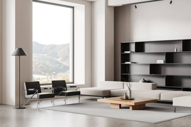 istock Modern home chill room interior with relax place, shelf and panoramic window 2108989037