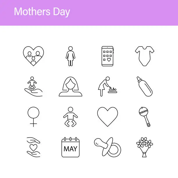 Vector illustration of Set of Mother's Day icons. Motherhood, childhood, women's day editable stroke