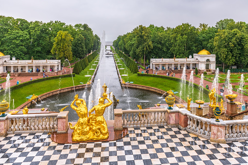 Saint Petersburg, Russia - August 2022: Grand Cascade of Peterhof Palace