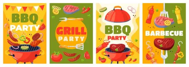 Vector illustration of Cartoon barbecue elements posters. BBQ weekend cards, family summer picnic, outdoor cookout event, grilled meat and vegetables, grill party invitations, cooking outdoor event flyer. Vector set