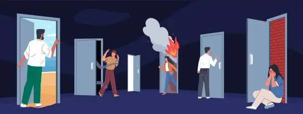 Vector illustration of People and doors. Men, women knock, come in and out, entrance and exits, psychological problem, running away from fears, psychology and mental health, cartoon flat nowaday vector concept