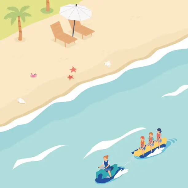 Vector illustration of Clip art of people enjoying marine sports in the sea