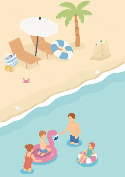 Vector illustration of Vector illustration of a family swimming in the sea in summer