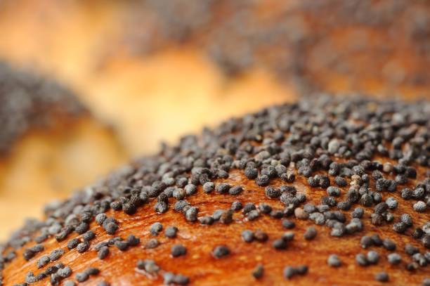 Mesmerizing macro shot capturing the delicate allure of poppy seeds delicately sprinkled atop a golden bun, offering a tantalizing glimpse of texture and culinary artistry, inviting the viewer to savor the visual feast of this delectable pairing