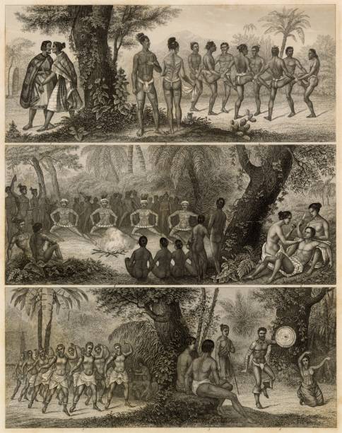 illustrations, cliparts, dessins animés et icônes de aborigènes de nouvelle-zélande - tatouage, danse tribal - antique 1851 impression - aboriginies