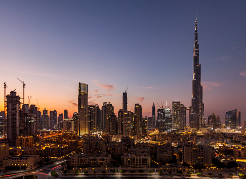dubai city skyline at night, united arab emirates.