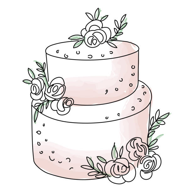 ilustrações de stock, clip art, desenhos animados e ícones de very tasty wedding dessert. multi-layer cake with cream rose decorations. outline hand drawn vector illustration. black graphics with pink watercolor stains. design for cards, print, menu, packaging. - rose plant sketch doodle