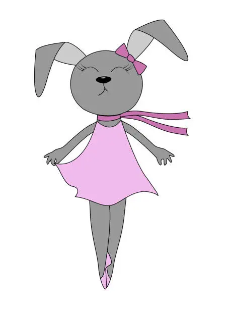Vector illustration of Cute little girl bunny ballerina in a pink dress stands on pointe shoes. Cartoon flat style. Hand drawn vector illustration on a white background for cards, print, banner, children's room decoration.