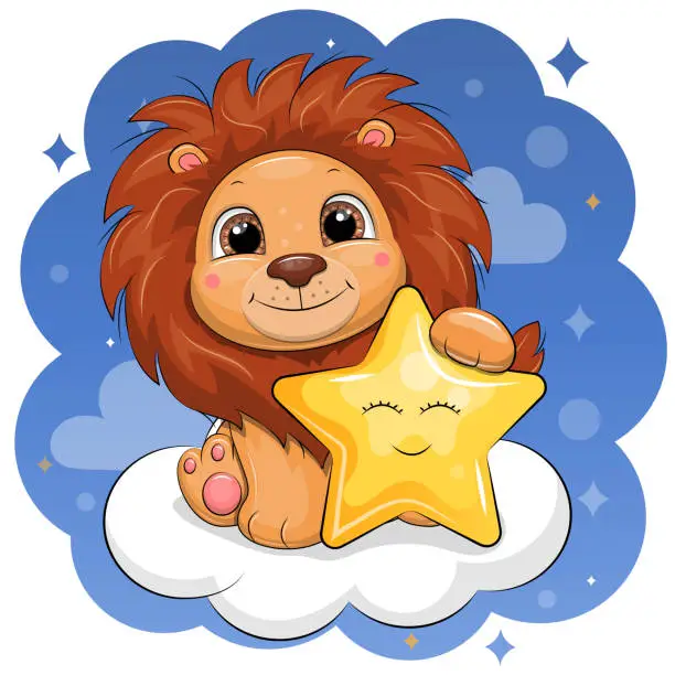 Vector illustration of Cute cartoon white lion is holding a yellow star and sitting on a cloud.