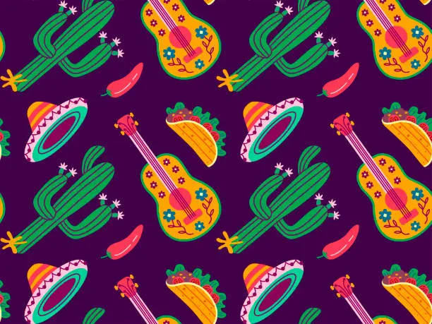 Vector illustration of Cinco de Mayo seamless pattern, May 5, federal holiday in Mexico. Symbols of Mexican culture on a violet background.