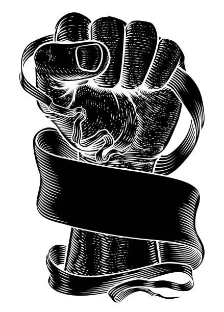 Vector illustration of Fist Scroll Paper Banner Ribbon Revolution Concept