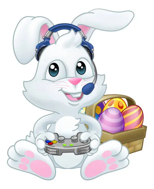 Vector illustration of Easter Bunny Gamer Video Game Player Controller