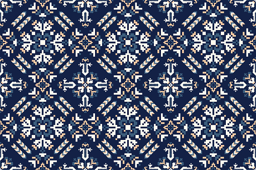 Geometric ethnic oriental seamless pattern vector illustration.floral pixel art embroidery on navy blue background,Aztec style,abstract background.design for texture,fabric,clothing,decoration,print.
