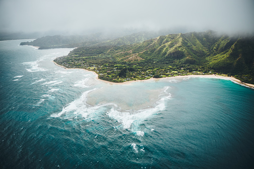 Embark on an unforgettable aerial journey over the stunning Hanalei Bay on Kauai, Hawaii, with this captivating photograph captured from a helicopter on a sunny day. Below, the azure waters of the bay sparkle as waves break along the coastline, lending an enchanting rhythm to the scene. Above, billowing clouds gather and swirl around the towering peaks of the volcanic mountains, adding a sense of drama and majesty to the landscape. Stretching from the beautiful sandy beaches to the lush greenery cloaking the steep slopes of the volcanic mountains, this panoramic view encapsulates the awe-inspiring beauty of Hanalei Bay. Immerse yourself in the natural splendor and scenic grandeur of this iconic destination, where every detail invites exploration and wonder.