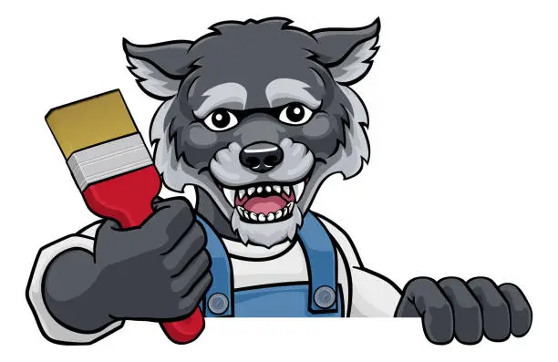 Vector illustration of Wolf Painter Decorator Holding Paintbrush