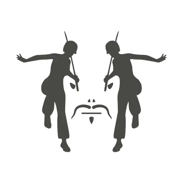 Vector illustration of Optical illusion. Women with katana swords make silhouette of samurai warrior face. Simple illustration of Japanese man. Martial art logo design.