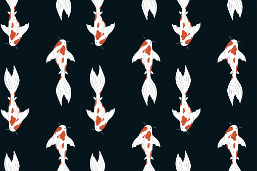 Seamless pattern carp on dark background. Bright vector illustration. Fashionable painting for packaging, wallpaper, children's, clothing and stationery.