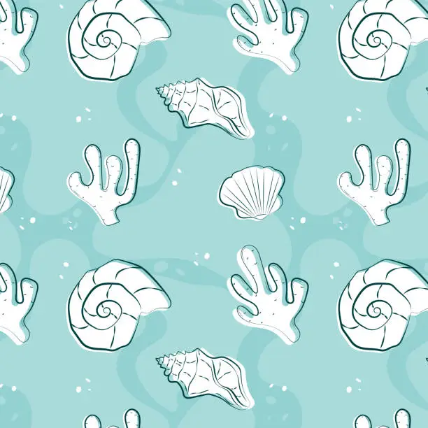 Vector illustration of Seamless pattern of seashells, corals, mollusks, starfish on blue background.