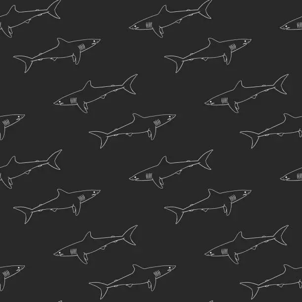 Vector illustration of pattern with cute sharks on dark background