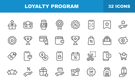 Loyalty Program Line Icons. Loyalty, Gift, Box, Shipping, Benefits, Perks, Loyalty Card, Gift Card, Money, Finance, Savings, Mobile App, Digital Marketing, Customer Experience, Invoice, Coin, Award, Payments, Piggy Bank, Label, Promotion, Exchange, Smartphone, Five Star, Rating, Quality, Badge, Web Banner, Credit Card, Shopping, Sale, Wealth, Comparison, Satisfaction.