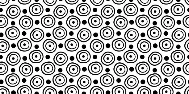 Vector illustration of Geometric seamless pattern black dots and striped circle shapes on white background