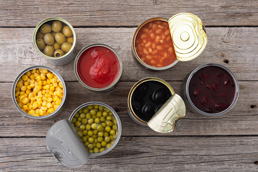 Variety Canned  food . Fish , meat and vegetables . Conserve background