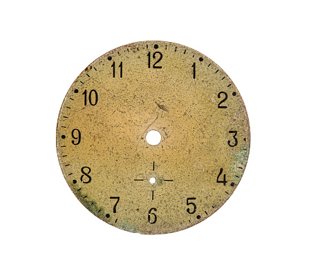 Old vintage clock face isolated on white background