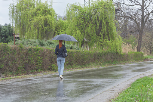 Woman walking outdoors on rainy springtime day