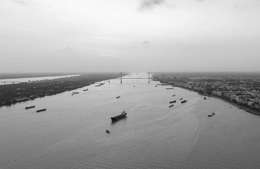 Aerial photo of Tien river, tributary of the Mekong River in Tien Giang province