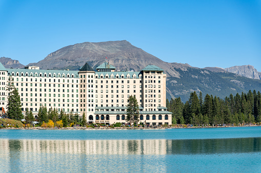 Lake Louise, Alberta, Canada, September 10, 2023: Lake Louise, Fairmont Chateau Hotel and Rocky Mountains in Banff National Park Alberta, Canada