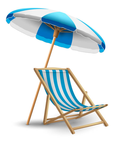 istock White and blue striped sun lounger and beach umbrella. Highly realistic illustration. 2109254351