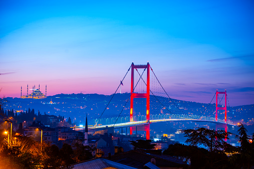 Istanbul City in Turkey. Beautiful Istanbul bosphorus sunrise landscape. Amazing colored sky in morning. Istanbul Bosphorus Bridge.