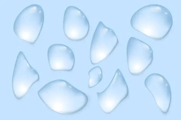 Vector illustration of Set of transparent water drops of different shapes with shadows. Vector illustration with water drops isolated on blue background.