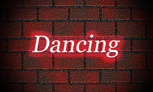 A manually created illustration of a brick wall with the word dancing in neon
